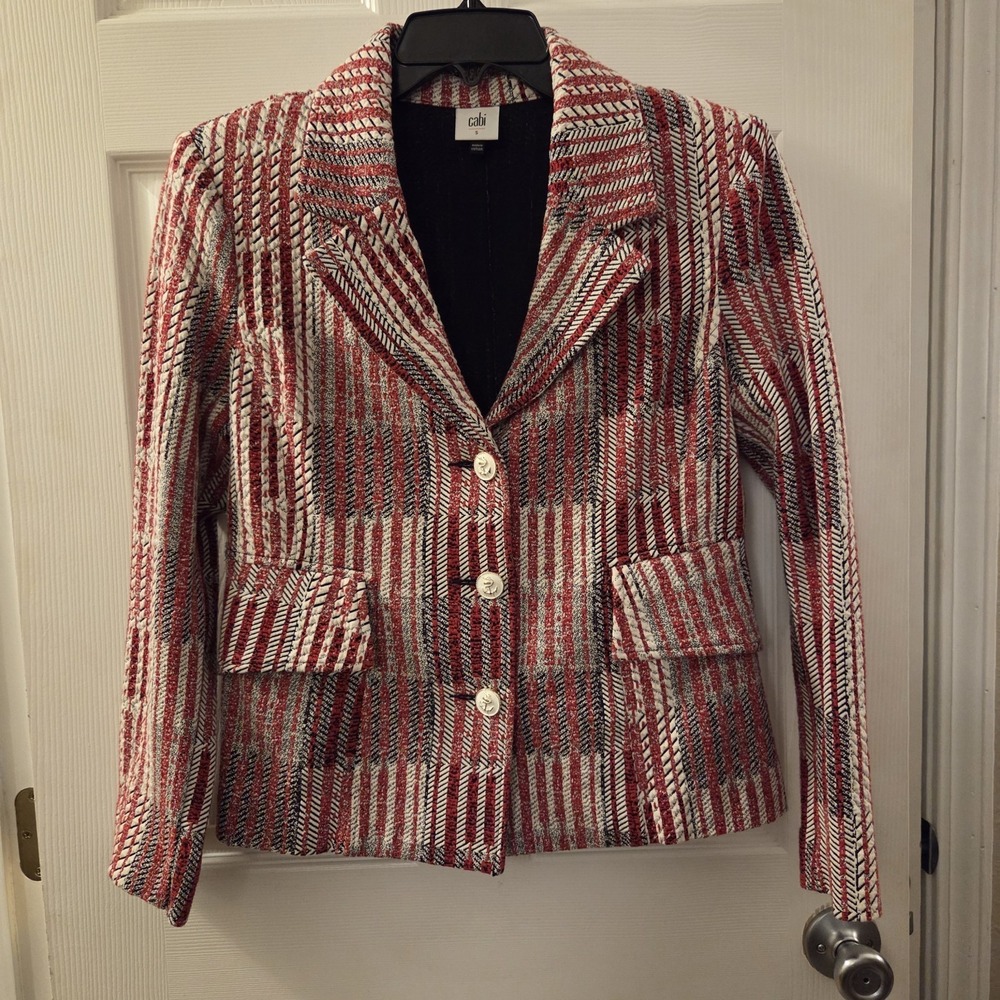 Cabi sz S Red Plaid Blazer Jacket Nautical Buttons Classic Anchors Preppy